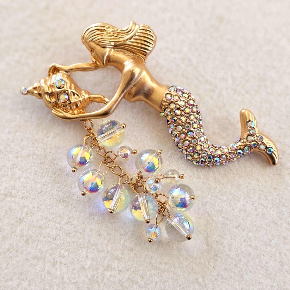 Vintage Kirk's Folly Oceana Gold Aurora Borealis Crystals Mermaid Brooch Dangle - Picture 1 of 15